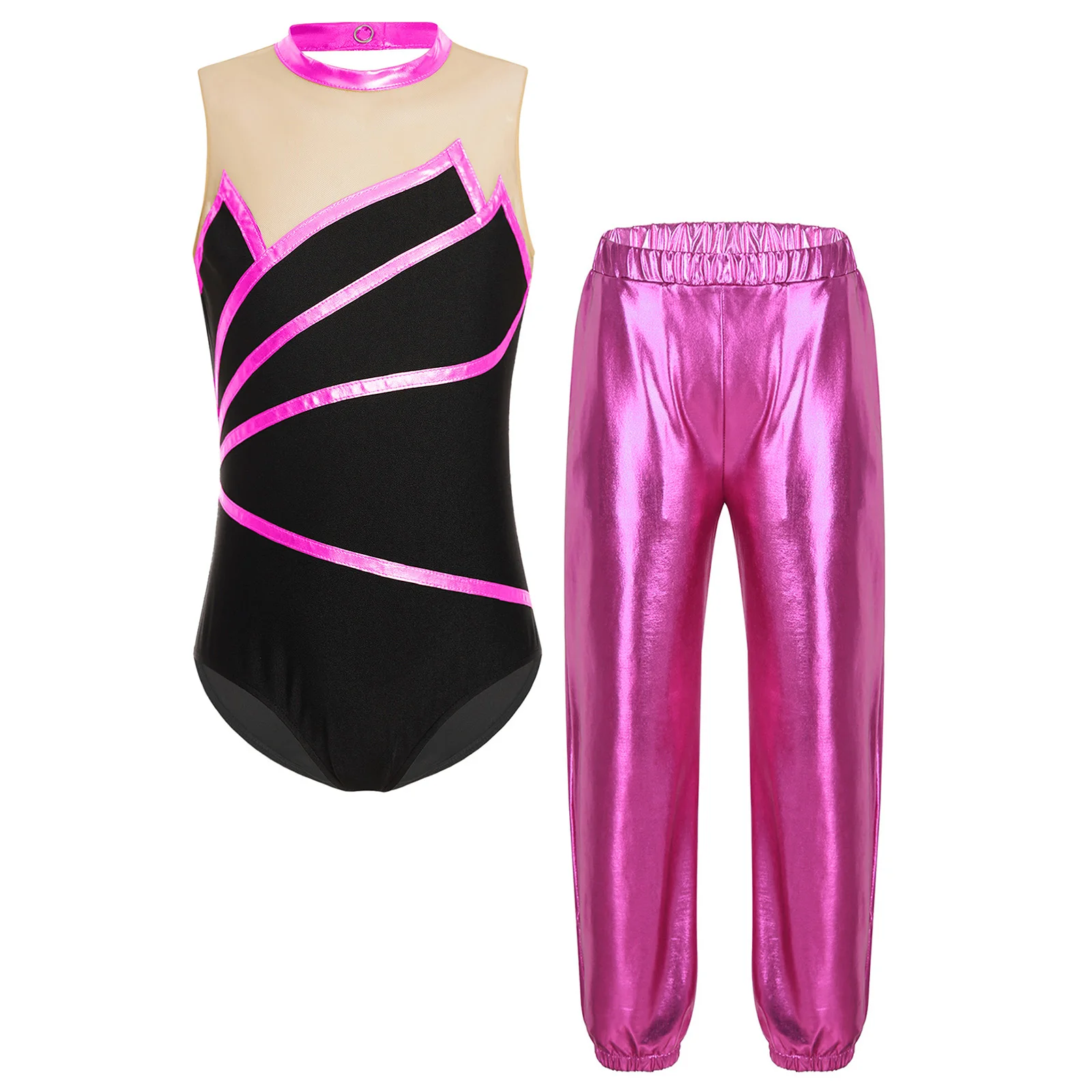 Kids Girls Jazz Hip Hop Dance Performance Costume Metallic Shiny Striped Gymnastics Skating Leotard with Pants Modern Dancewear