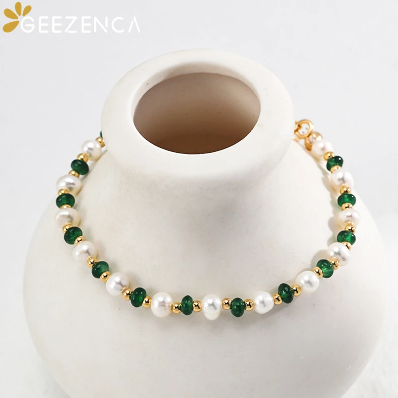 GEEZENCA S925 Silver Pearl Green Stone Spaced Beads Strand Bracelet For Women 18K Gold Simple Chic Bracelets 2024 New Party Gift