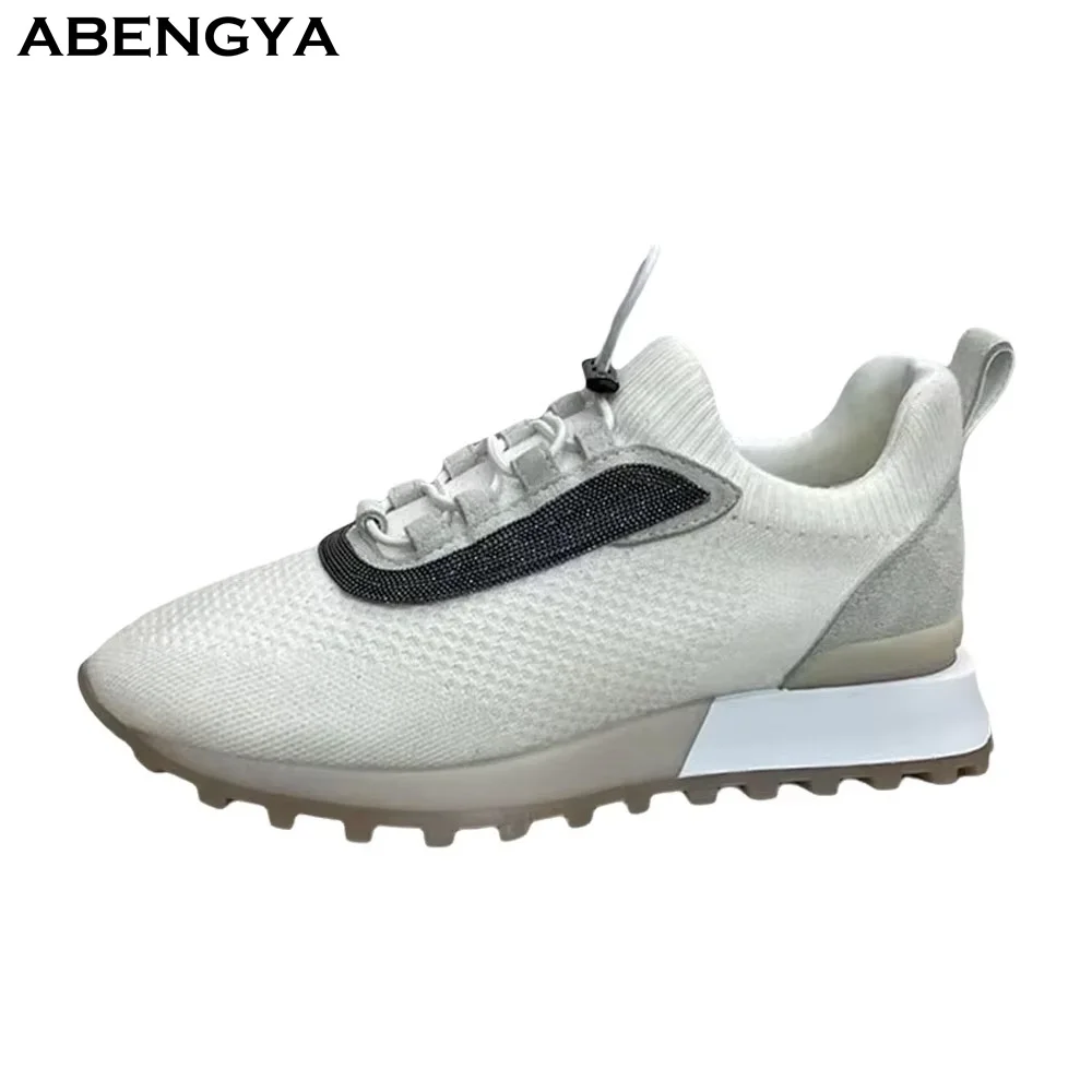 Autumn knitting Mesh Flat Shoes Women Round Toe Lace Up Holiday Platform Shoes Designer Casual Party Vacation Walk Shoes Women