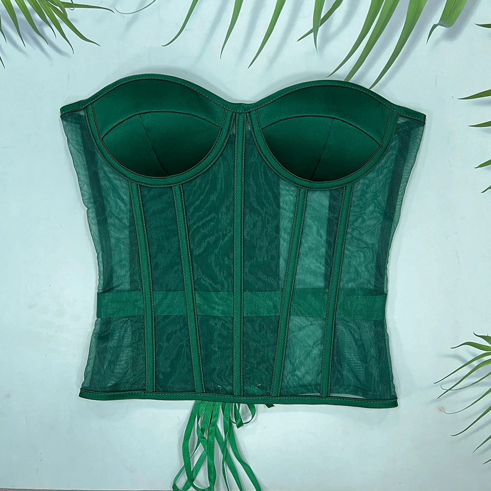 

Steel Bone Sexy Women Hot Girl Mesh Transparent Shaper Lingerie Bralette Club Vintage CropTop Green Bra Underwear Corset