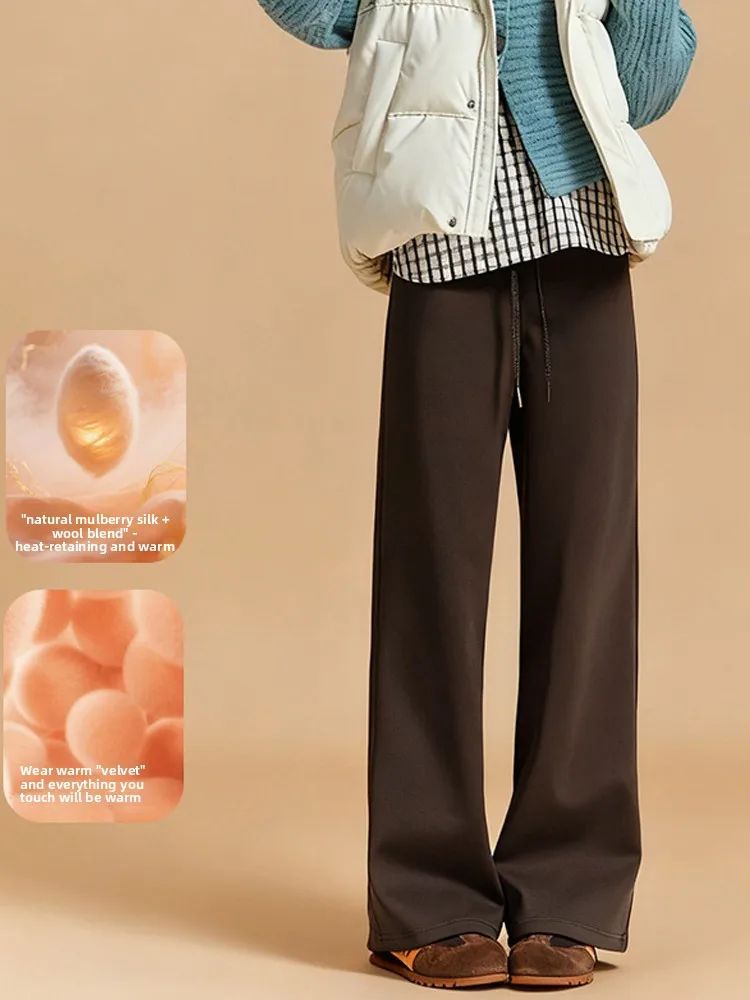 2025 New Women's arkskin Pants High Waist High Warmth Fce Dstring Straight Yoga Fitn Boting Trousers ey