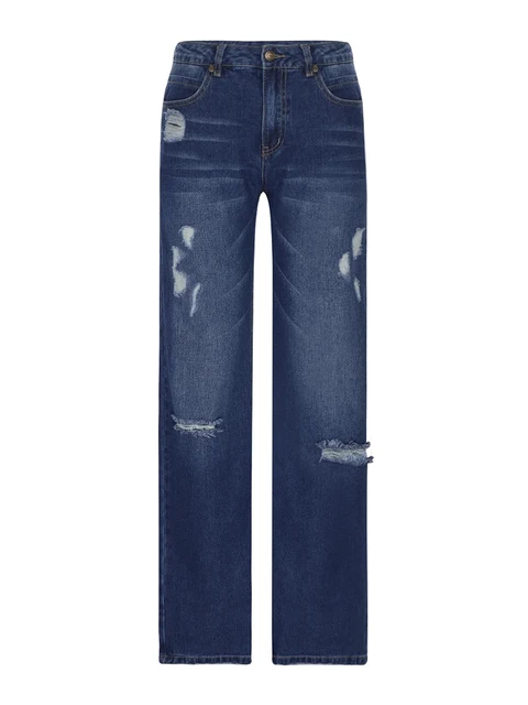 Women Men Denim Pants Casual Ripped Loose Straight Leg Jeans Trousers Trendy Bottoms for Streetwear 5 Women Men Denim Pants Casual Ripped Loose Straight Leg Jeans Trousers Bottoms – view 5