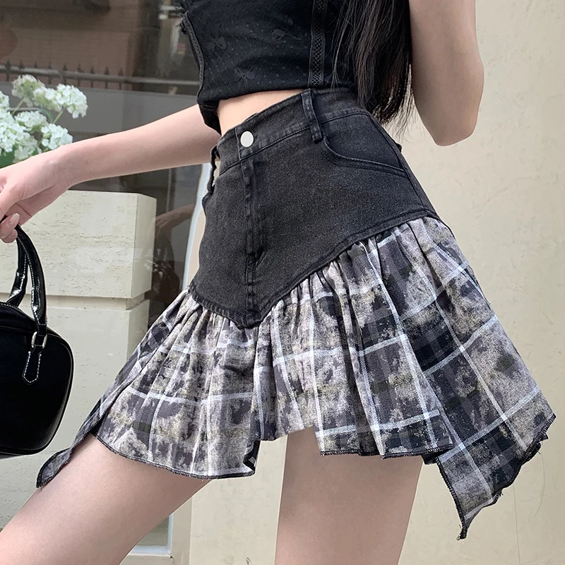 Retro Plaid Splicing Denim  Skirt Women's Travel Fashionable Short Skirt High Waist Asymmetrical Tourist Polyester Fiber