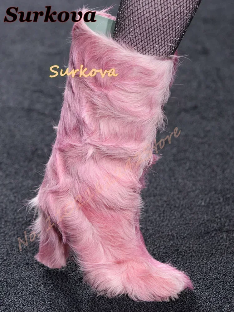 Pink Fur Snow Boots Round Toe Thick Heel Side Zipper Winter Boots Warm Fashion Catwalk Modern Boots Elegant Fur Women'S Shoes 46 - view 2