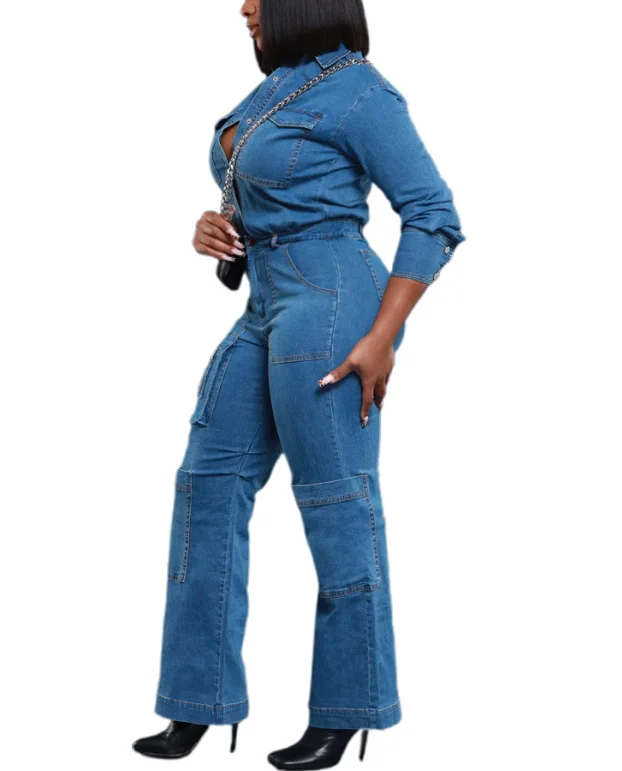 

Jumpsuit Women 2026 Spring Autumn New Solid Color Turn-Down Collar Long Sleeved Multi-Pocket Design Workwear Denim Jumpsuit