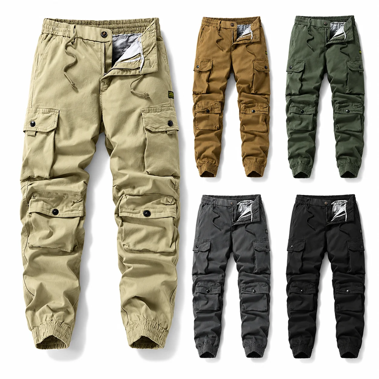 Men's Cargo Jogger Pants 97% Cotton 3% Spandex, Multi-Pocket Tactical Work Trousers with Elastic Waist and Cuffed Ankles