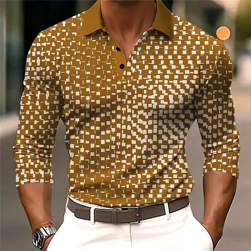 Camicia da golf con motivo geometrico da uomo Polo a maniche lunghe con risvolto Business Casual Bottoni formali Stampa 3D Autunno Inverno