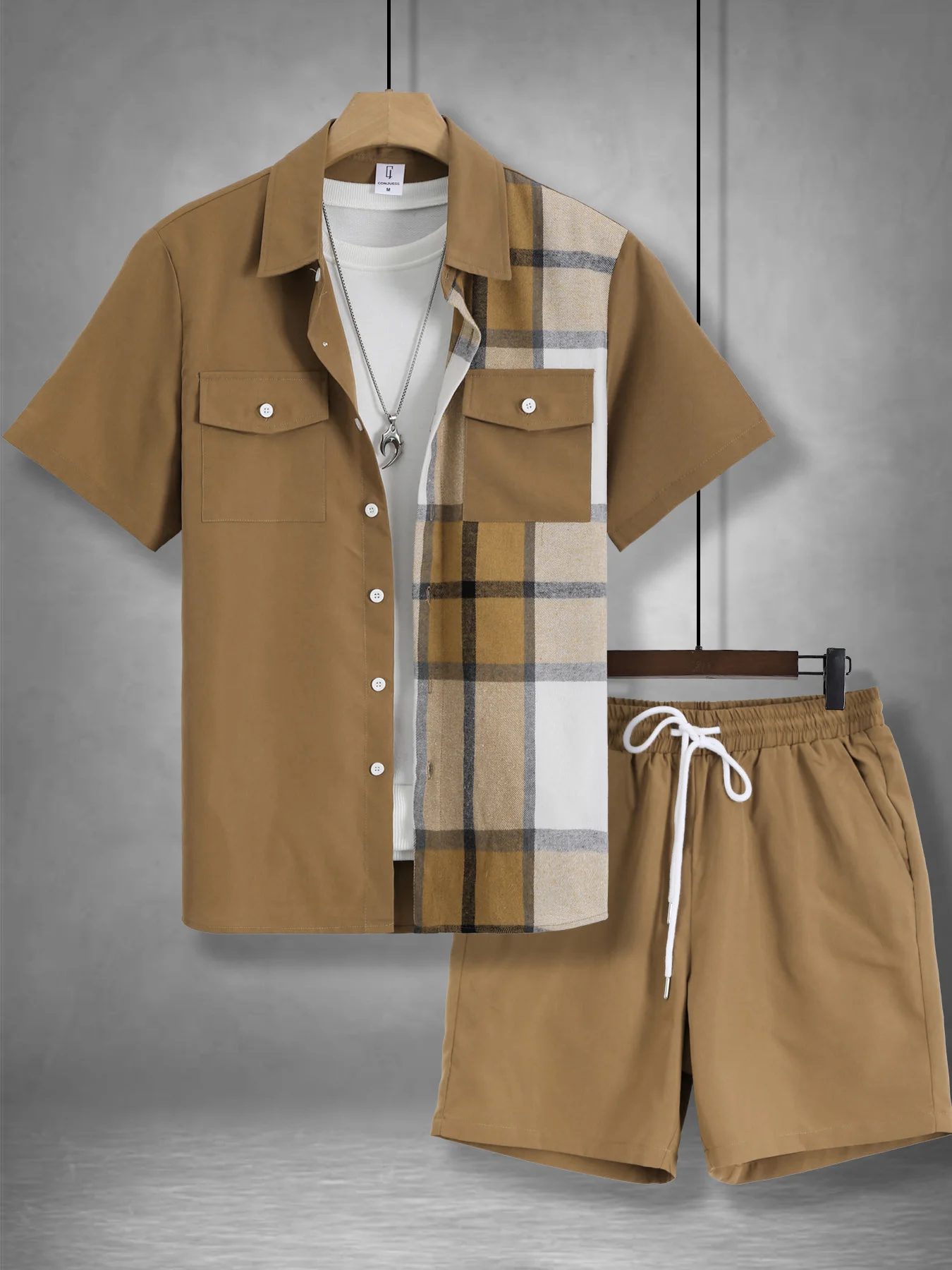 

Men's Khaki Plaid Splice Casual Set 2 Piece Short Sleeve Shirt & Drawstring Shorts Outfit