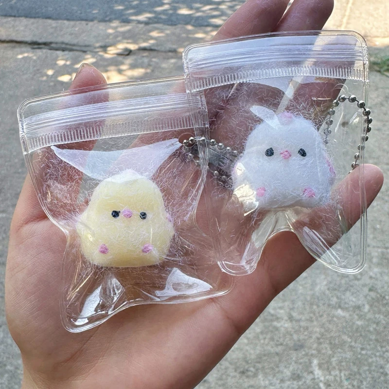 Flocked Yellow White Shaggy Chick in Bag Soft Squishy Figure Bo Bo Ji Stress-Relief Backpack Pendant Mini Toy Gift for Kid Adult