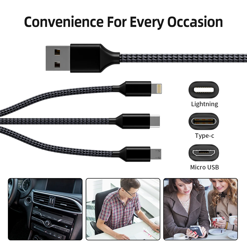 4pcs Charge Cable 3-in-1 Nylon Braided Multi Charge Cable for Multiple Devices USB Fast Charging with Type-C Micro USB IP Port