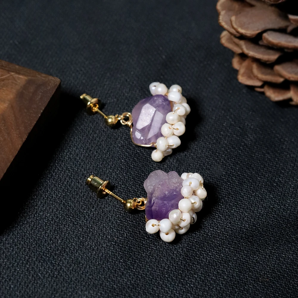 Natural Freshwater Pearl Amethyst Edging Earrings Korean Style Women Luxury Jewelry Fashion Ladies and Girls Gift GE1589