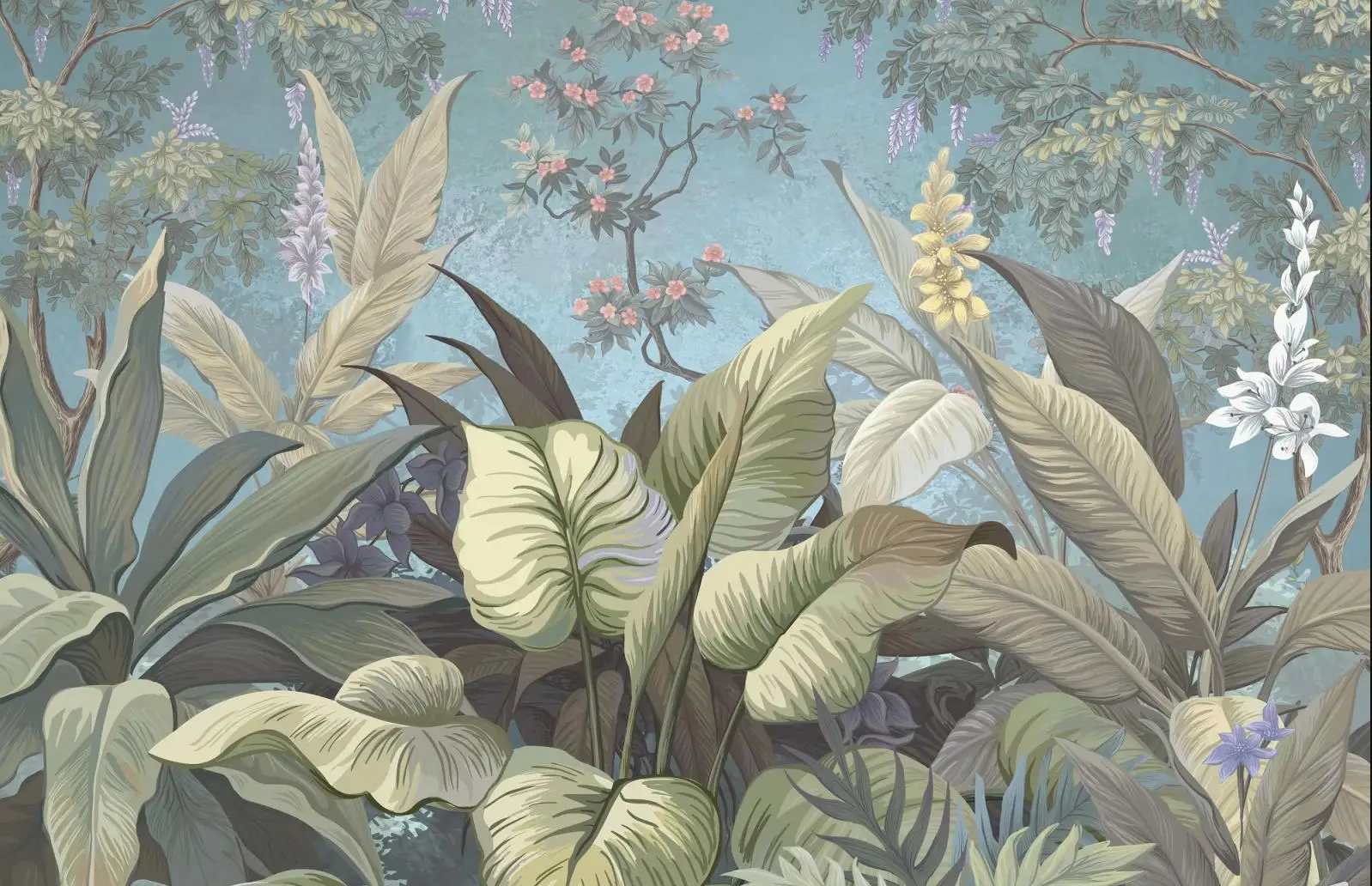 Customized size mural hand-painted rainforest plant leaf wallpaper home decoration palm leaf tapestry mural 3d wallpaper