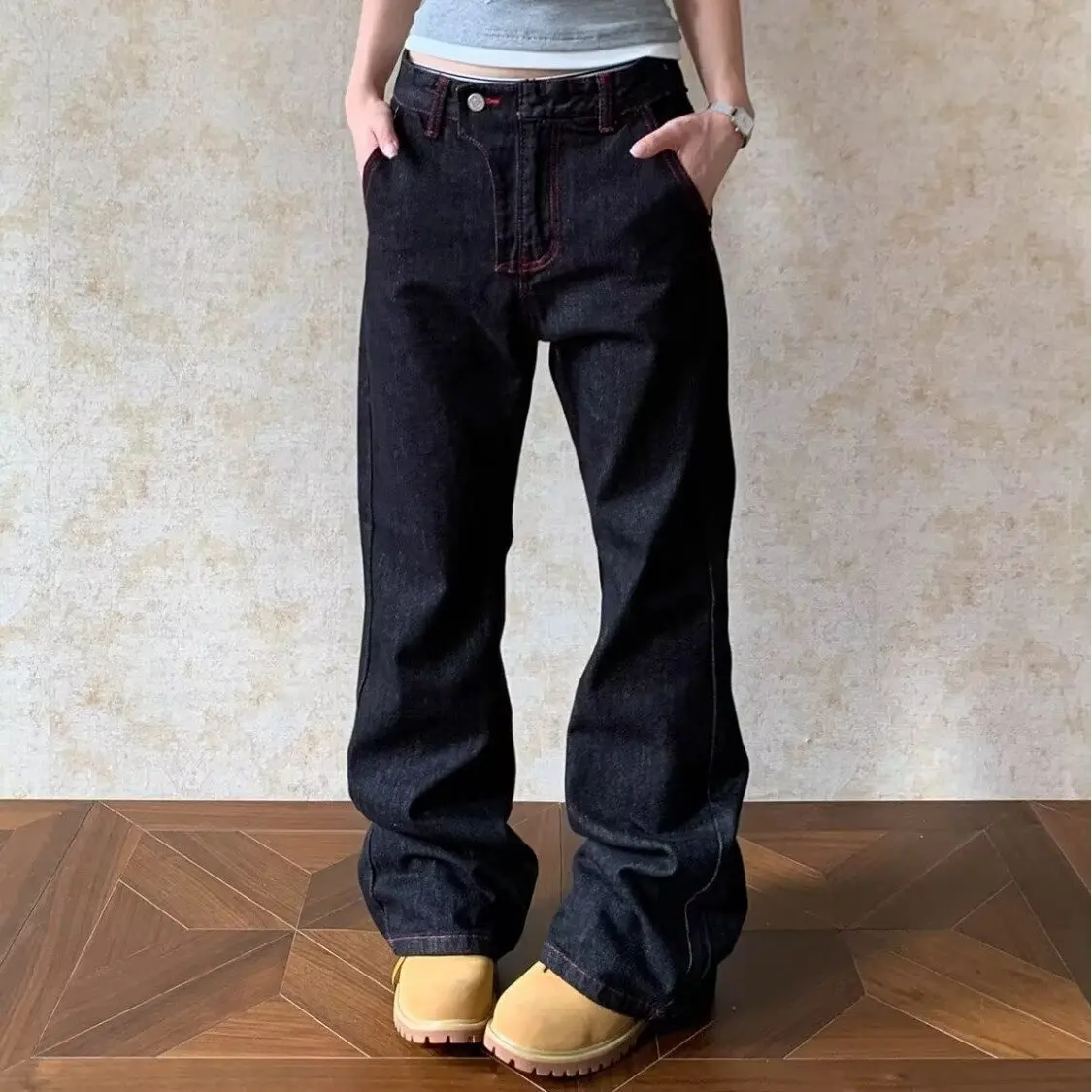Y2K Red Line Jeans Men Women Micro Flared American High Street Retro Slim Fit Versatile Casual Pants