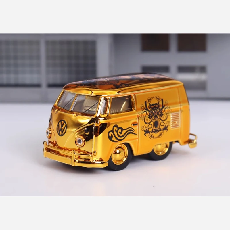 Diecast 1:64 Scale 2024 VWT1 Freight Van Gold Year of the Loong Painting Alloy Model  Simulation Collection Car Gift Toys