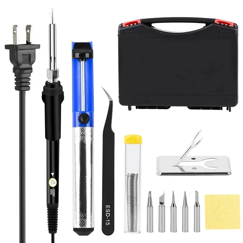 60W adjustable temperature soldering iron welding set with tweezers and tin suction tool toolbox 110V/220V