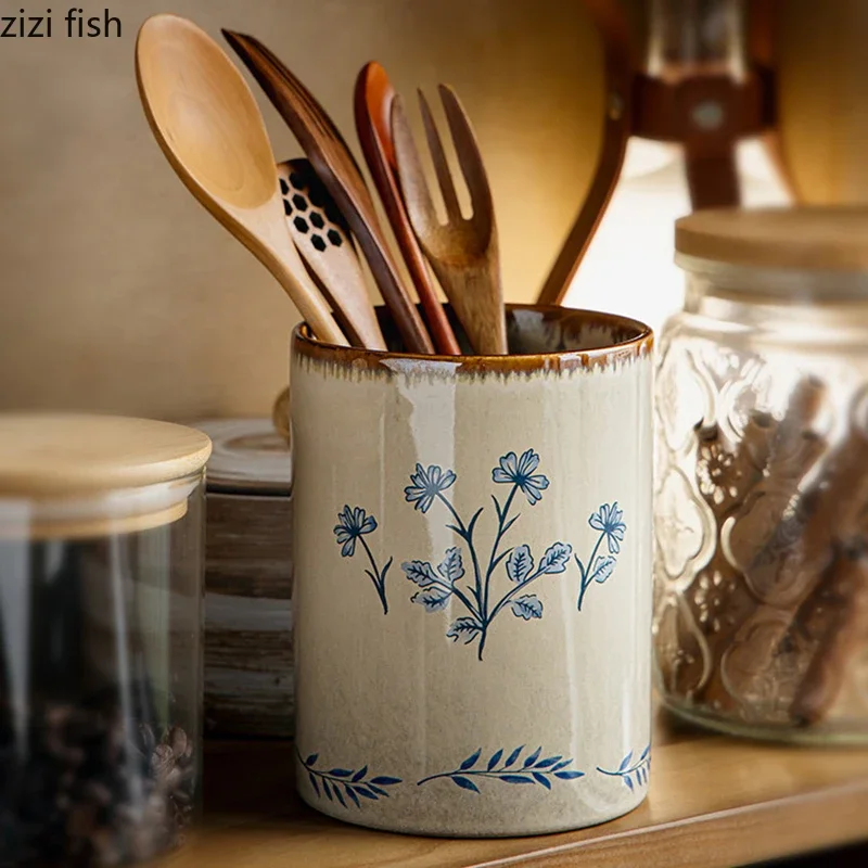 

Vintage Ceramic Chopstick Holder Creative Storage Jar Chopstick Storage Cylinder Knife Fork Spoon Storage Rack Kitchenware