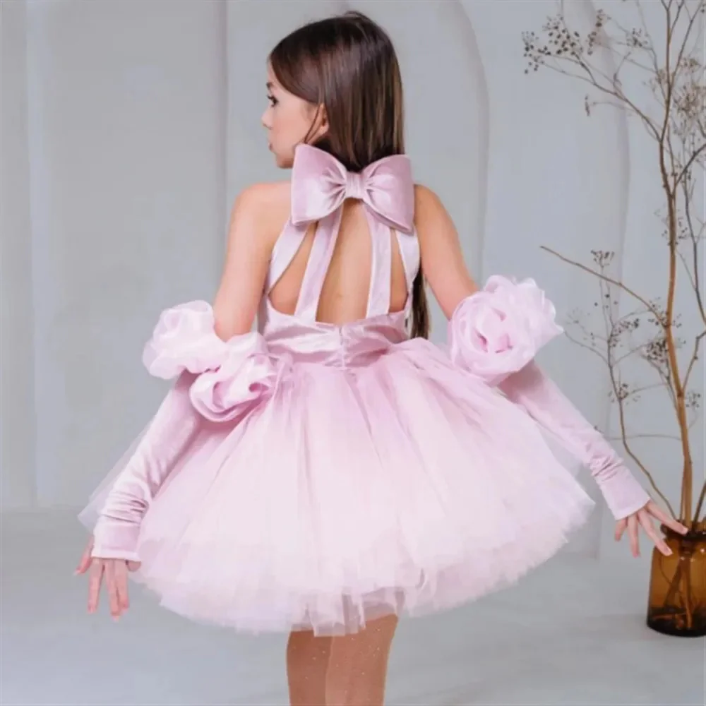 Customized Flower Girl Dress Velvet Sleeveless With Bow Tulle Puffy Princess Skirts Pageant Dress  First Communion Gown