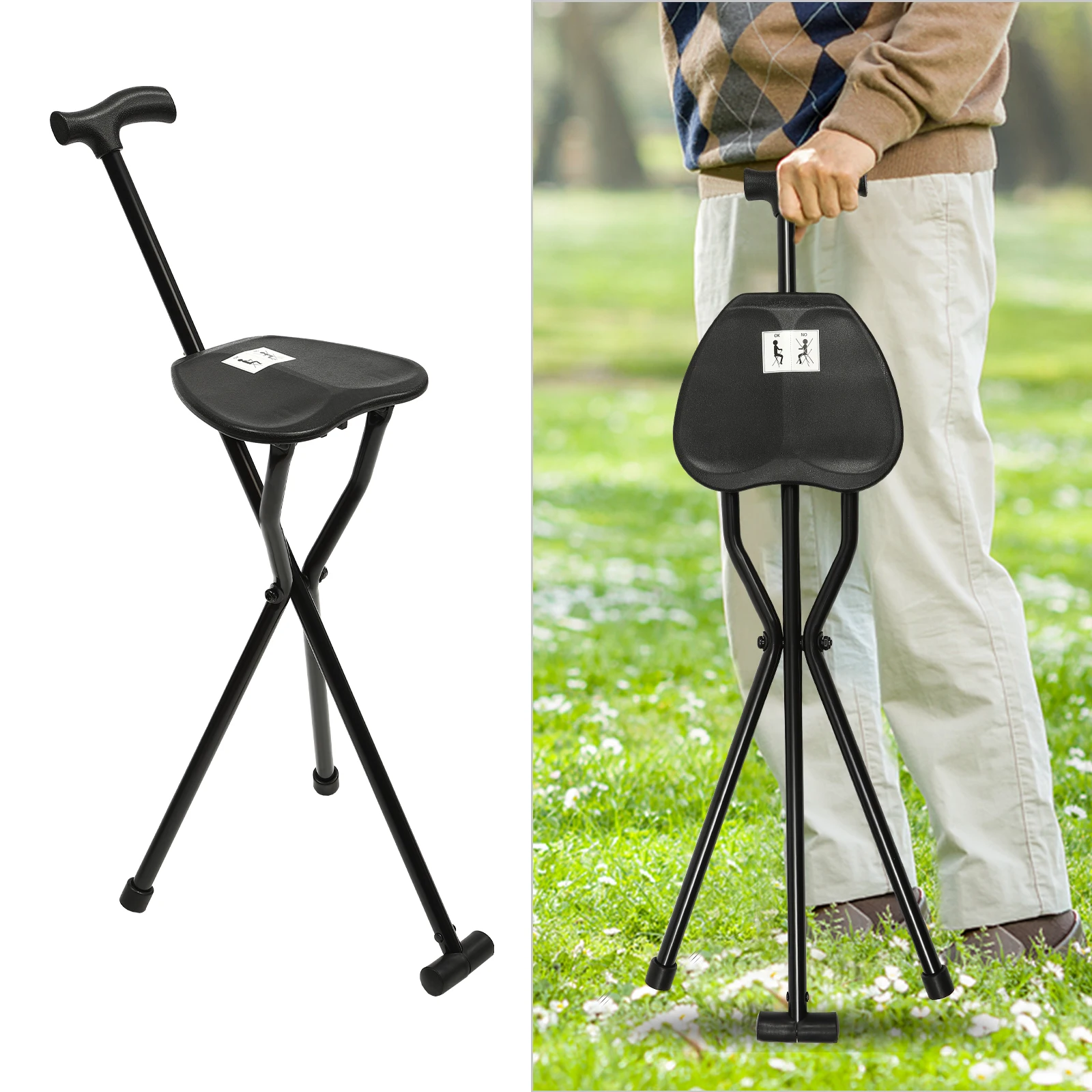 

Foldable Cane with Seat Aluminum Alloy 249.12lbs Load-bearing Ergonomic Handle Anti-slip Feet for Elderly Outdoor Travel Waiting