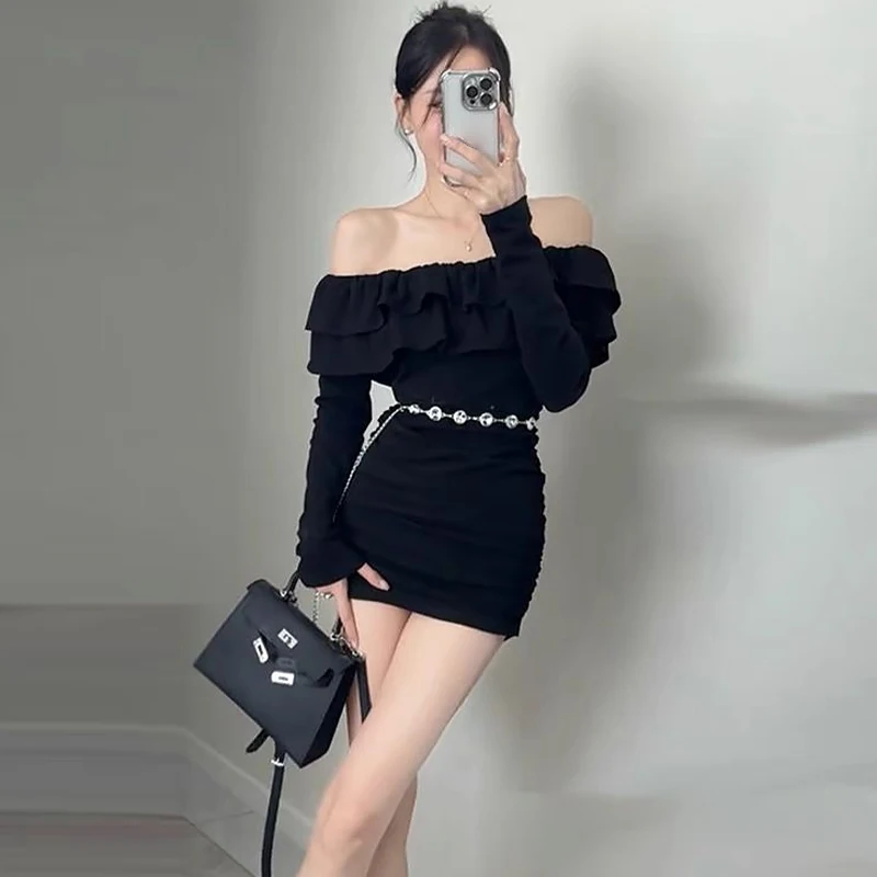 No Belt Elegant Autumn Peated Sexy Off Shoulder Ruffle Collar Mini Dress