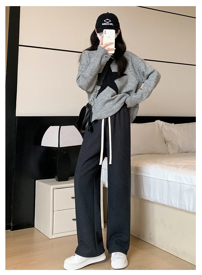 Winter warm Fleece gefüttert Hose Kordel zug elastische Taille gerade Frauen y2k Kleidung gebürstete Hose Jogging hose keine Tasche dick 2023