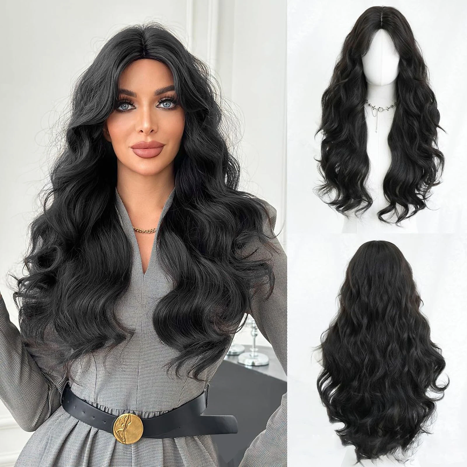 Long Wavy Curly Black Wig With Center Parting, Long Body Wavy Wigs With Bangs, 28 Inches Synthetic Heat Resistant