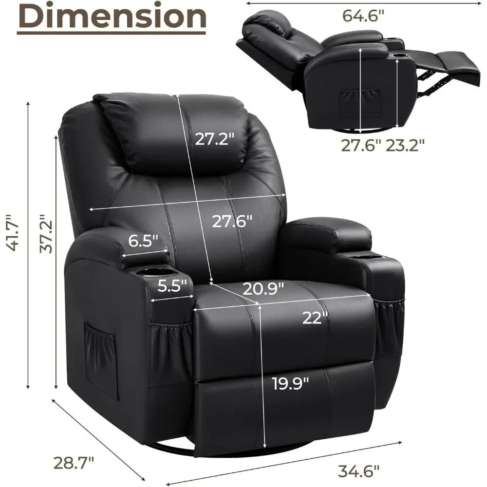 Rocker Recliner Chair with Massage, 360°Swivel Rocking Sofa for Living Room with Remote Control, Cup Holders, Recliner Chair