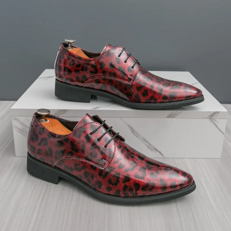 

Elegant Mens Dress Shoes Large Size 46 Red Leopard Wedding Shoes for Man Pointed Toe Leather Casual Business Shoes Men Footwear