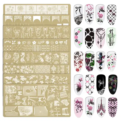 Stainless Steel Rectangular Nail Stamping Plates Bowknot Butterfly Flower Fireworks Designs Nail Art Template For DIY Nail Decor