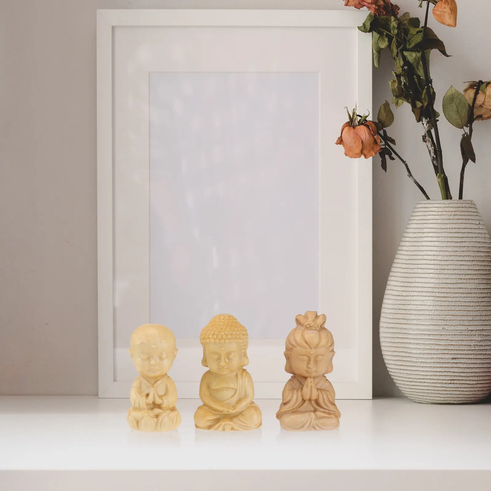 3Pcs Buddha Decoration Hand Carved Mini Avalokitesvara Statue Set Portable Floral Pot Micro Ornament Zen Home Office Buddhist - view 6