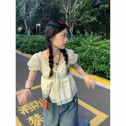 Women Blouses Sweet Floral Puff Sleeve Ruffles Loose Summer Korean Fashion Girlish Age-reducing Students Attractive Trendy BF