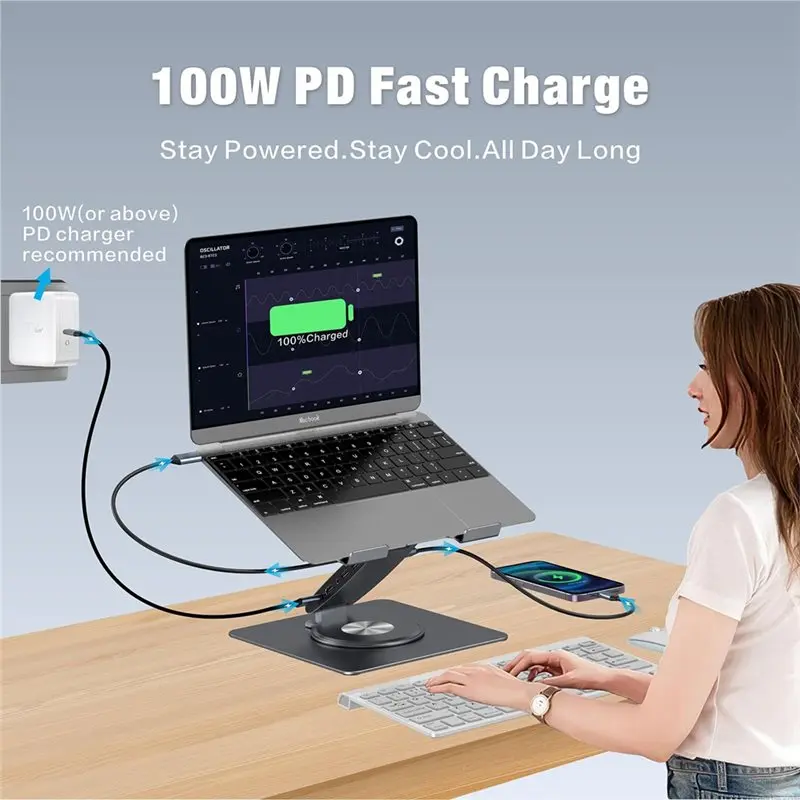 AY14 -9-In-1 Desk Laptop Stand With Docking Station, 360° Rotation 4K60hz, 3 USB3.0, 100W PD Charging For PC Laptop