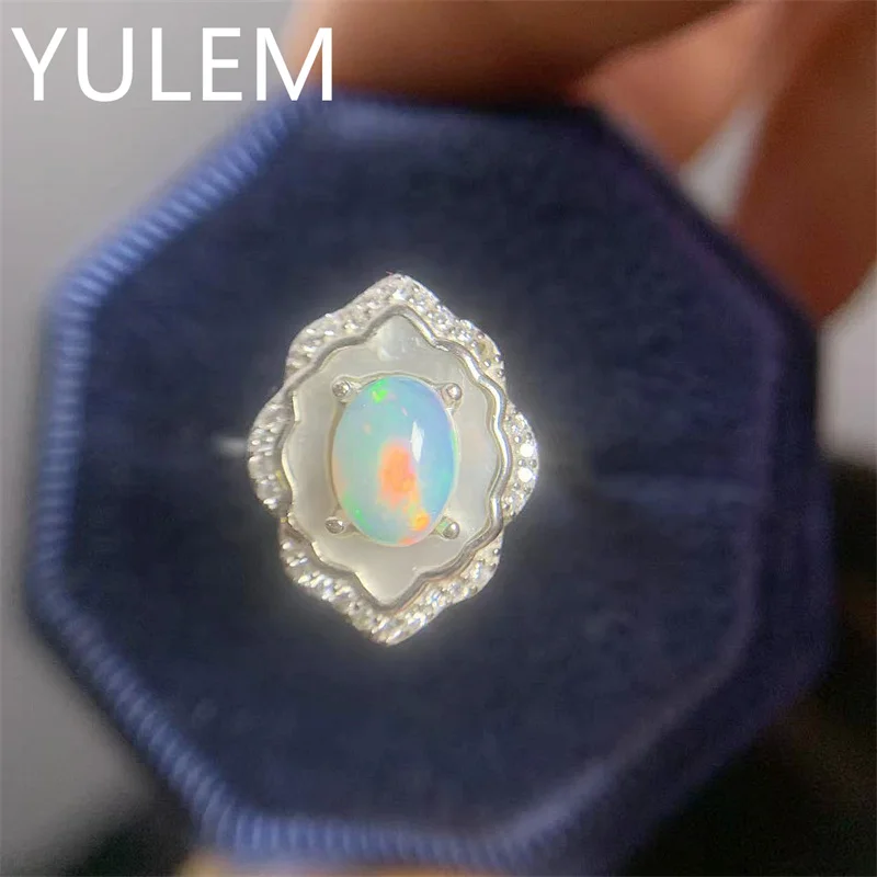 

YULEM Vintage 925 Silver Opal Ring 0.5ct 5mm*7mm Natural White Opal Ring with 3 Layers Gold Plating Gift For Woman