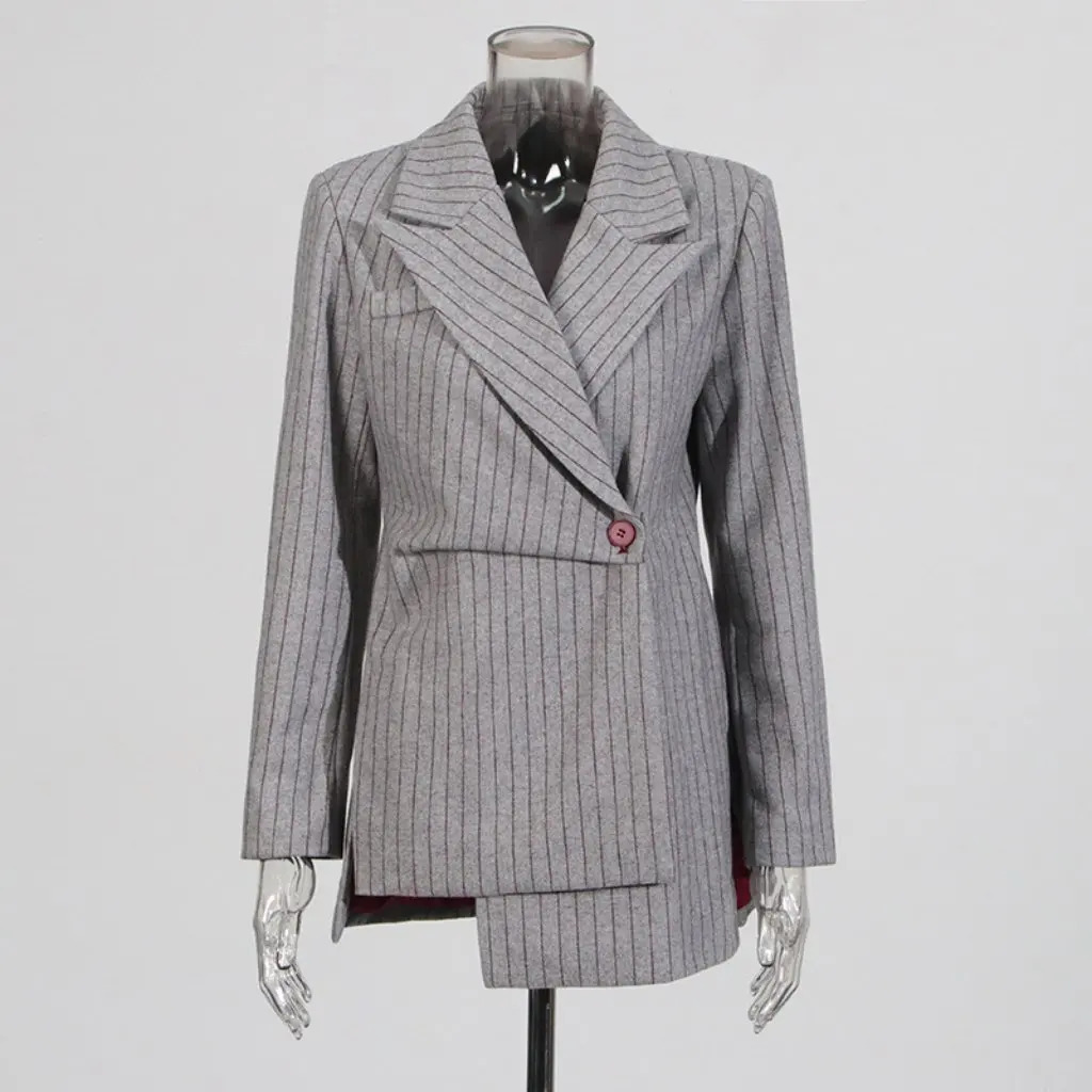

Women's European American Style Slim Fit Striped Splicing Suit Jacket High-End Fashion Lazy Design New