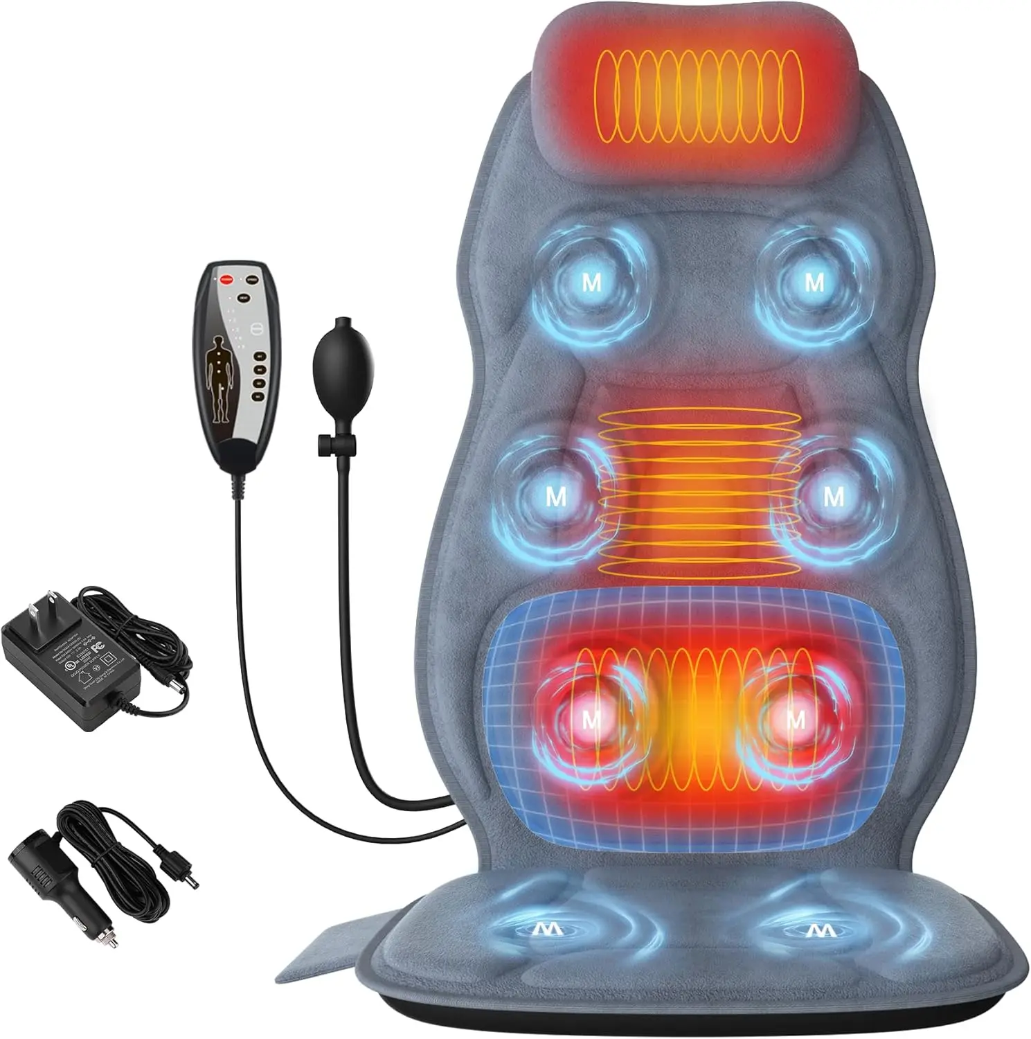 Back Massager with Heat, Full Body Massage Pad with Pillow Neck Support, Soft Plush Fabric Cover, Chair Massager with 3D Lumbar