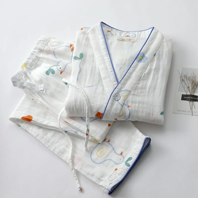 White Cotton Kimono Sleepwear Women's Full Cotton Button Long Sleeve Long Pants Rope Cartoon Home Clothes Set Thin Soft