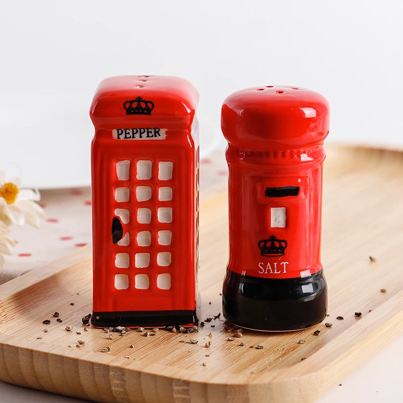 Uniquely 2 - Piece Ceramic Spice Jar Set in Telephone Booth and Postbox Shapes Practical Pepper and Sea Salt Jars for Kitchen