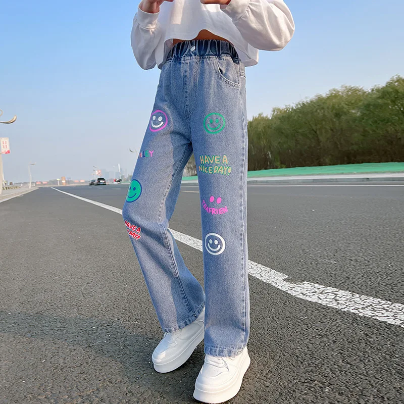 New Girls Jeans Wide Leg pants Straight Cotton Children Ripped Jeans Loose Denim Trousers Fashion Kid Big Girls Clothing