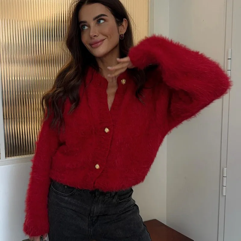 

Tuularose Women Autumn Winter Sweater New Solid Plush Patchwork Cardigan Fashion Commuter Streetwear Warm Casual Female Outwear