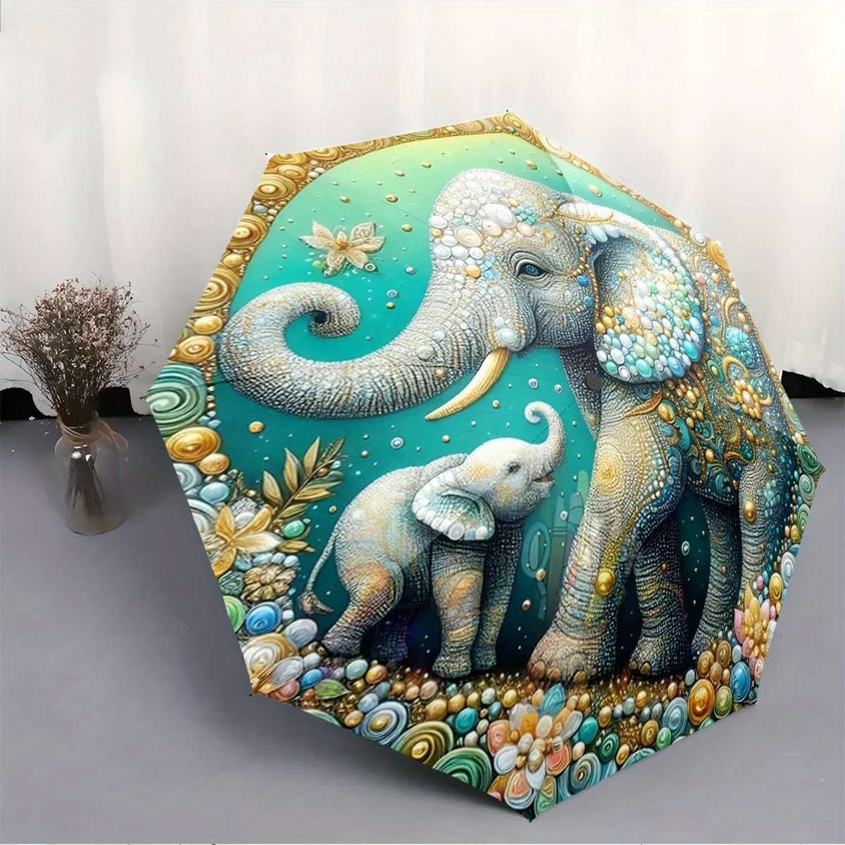 

Automatic Folding Umbrella Colorful elephants with floral accents. Portable collapsible design, casual outdoor accessory, for