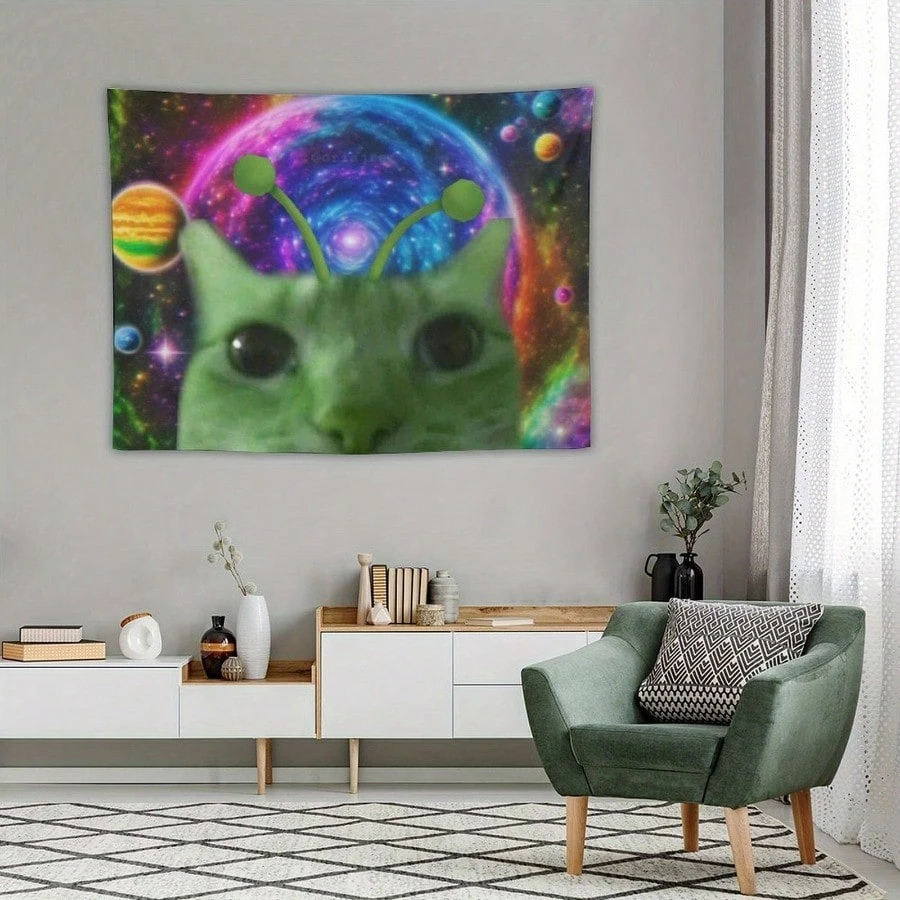 1pc Alien Cat Meme Tapestry, Funny Space Cat Wall Hanging, Cool Room Stuff, Large Size, Polyester 2D Print, Bedroom Stuff, Meme