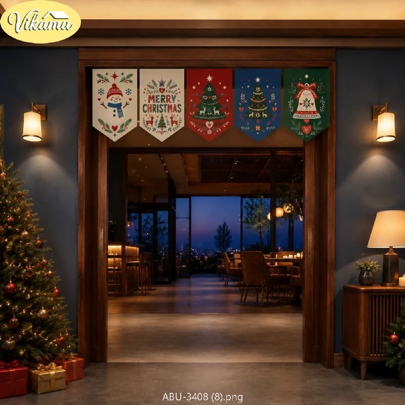 VIKAMA Christmas Nordic Folk Pennant Banner Snowman Merry Xmas Tree Reindeer Bell Beige Red Green Door Hanging Bedroom Living