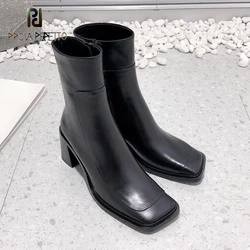 Squared Toe Elegant Women High Heel Boots Side Zip Genuine Leather Luxury All Match Autumn Winter Dress Shoe Chic Ladies Bota