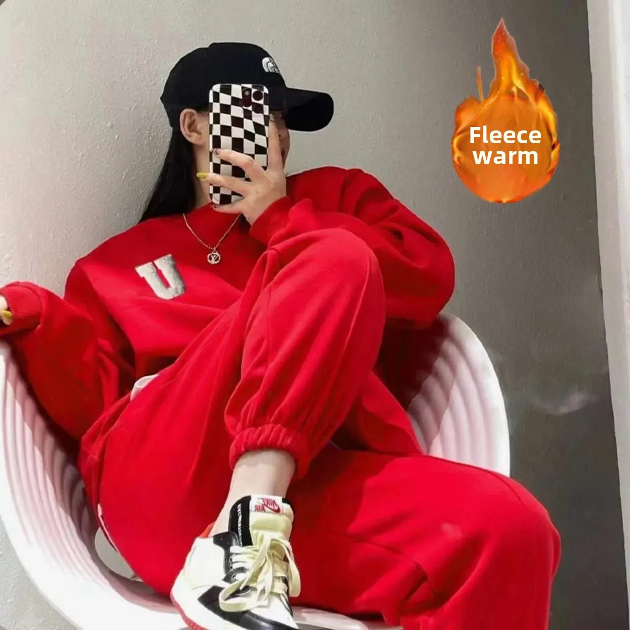 Herbst Winter Neue Lose-Fit Sweatshirt Hosen 2-Teiliges Set Fleece-Gefüttert Verdickt Casual Modische frauen Sport anzug