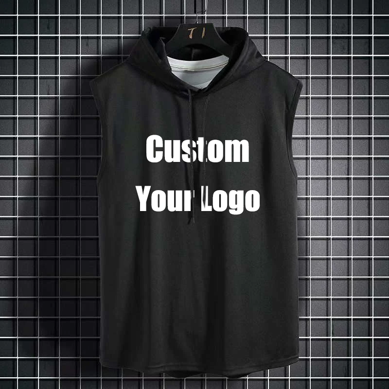 Custom Your Logo Summer Men\'s Sleeveless Vest Casual T-Shirt Hoodie Fitness Muscle Hooded Vest T-Shirt Polyester Breathable Tops