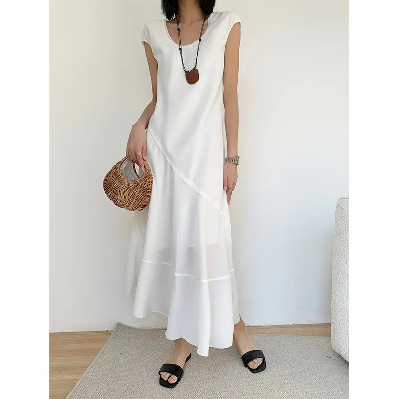 

Sleeveless satin dress 2025 summer slimming simple irregular mid length dress white dress