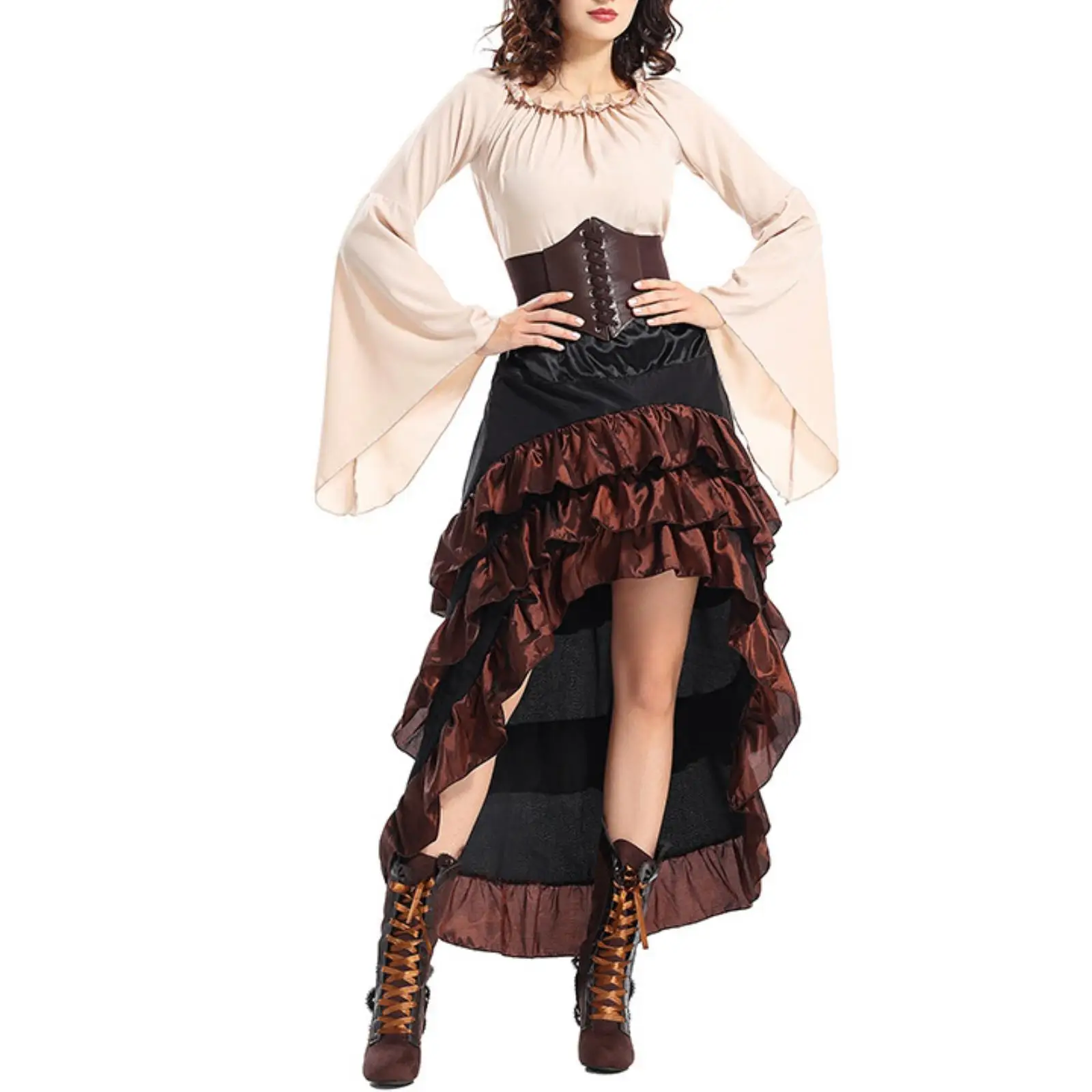 Women Pirate Dress Costume High Low Ruffle Skirt Stage Outfit for Themed Party Role Play