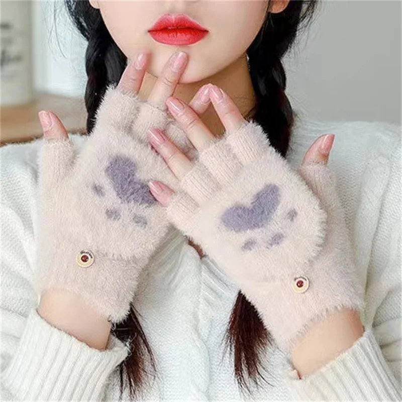 New Kawaii Women Warm Cat Gloves Fashion Girls Cat Claw Paw Plush Mittens Soft Plush Short Fingerless Half Finger Winter Gloves