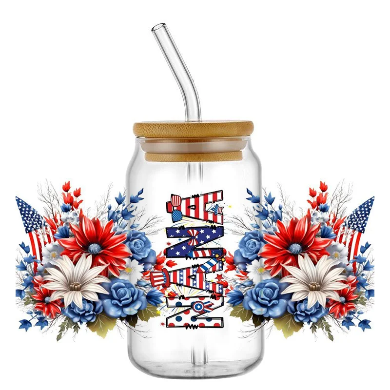 American Flag Pattern Wrap UV DTF Sticker for 16oz Cup Glass Wrap Transfer Sticker Custom Label DIY Logo Self adhesive