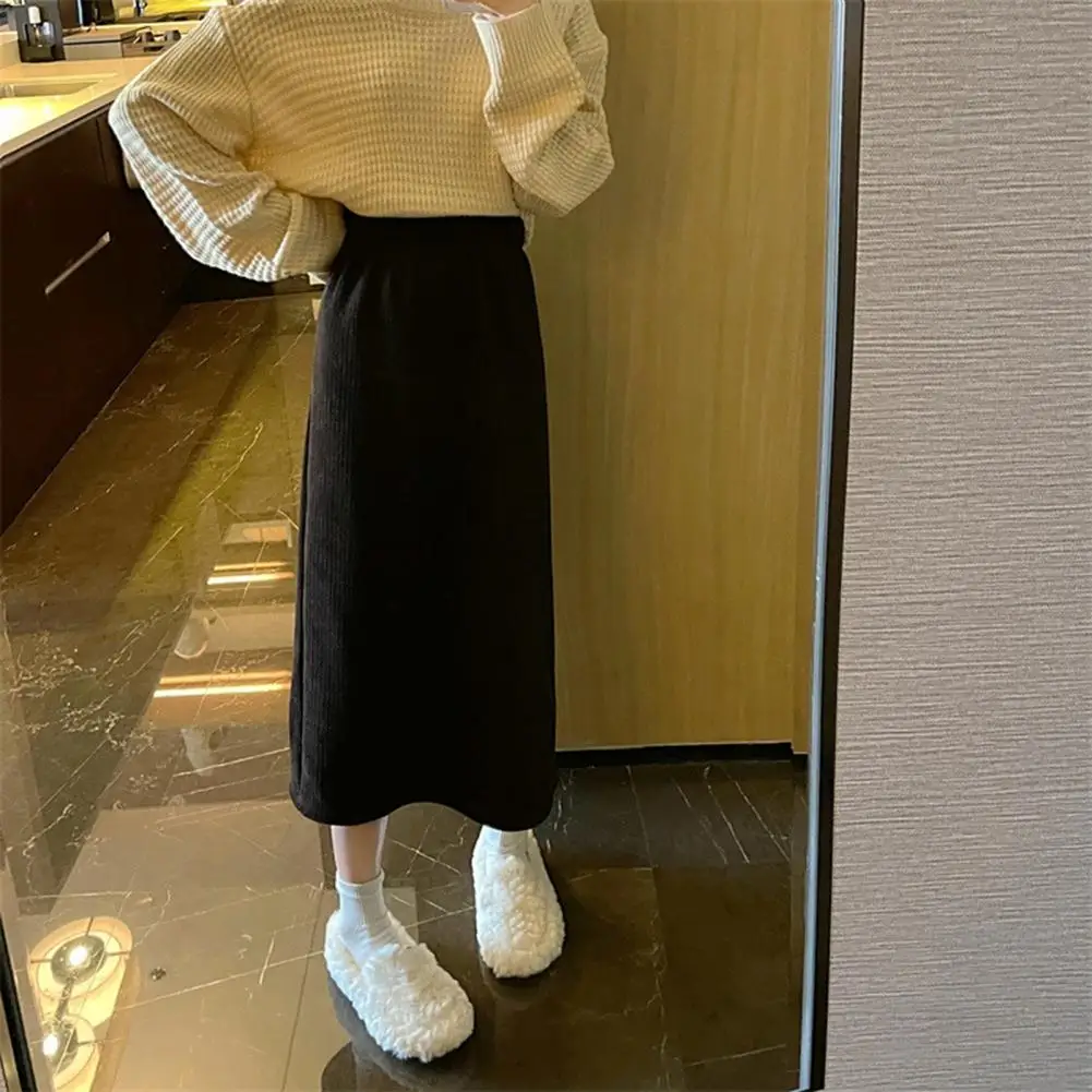 

Solid Color Skirt High-waisted Skirt Thick Warm Solid Color A-line Midi Skirt for Women with Elastic High Waist Loose for Fall