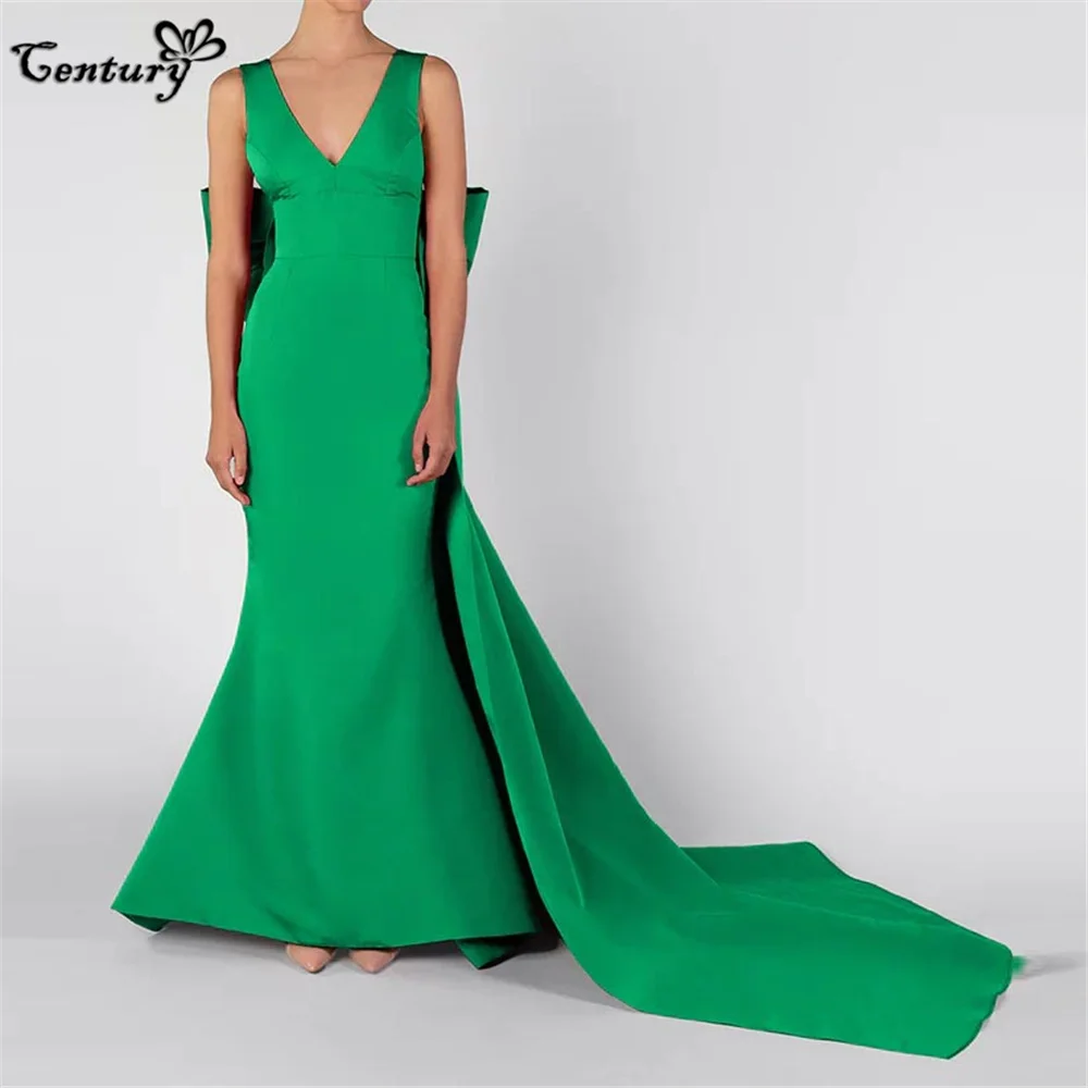 

Green Prom Dress Mermaid Detachable Train Big Bow Backless V Neck Satin Formal Dresses Evening Party Gowns Customized